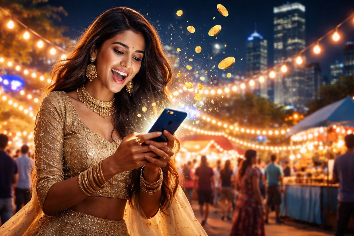 Female player enjoying mobile casino slots in Pune with colorful traditional dress